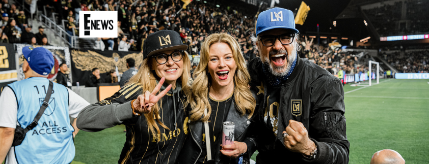 Elizabeth Banks, co-owner and Chief Creative Officer of Archer Roose Wines, spotted in E! News as the falconer of LAFC