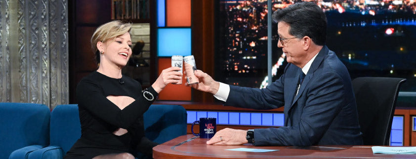 Elizabeth Banks, Chief Creative Officer of Archer Roose Wines with Stephen Colbert
