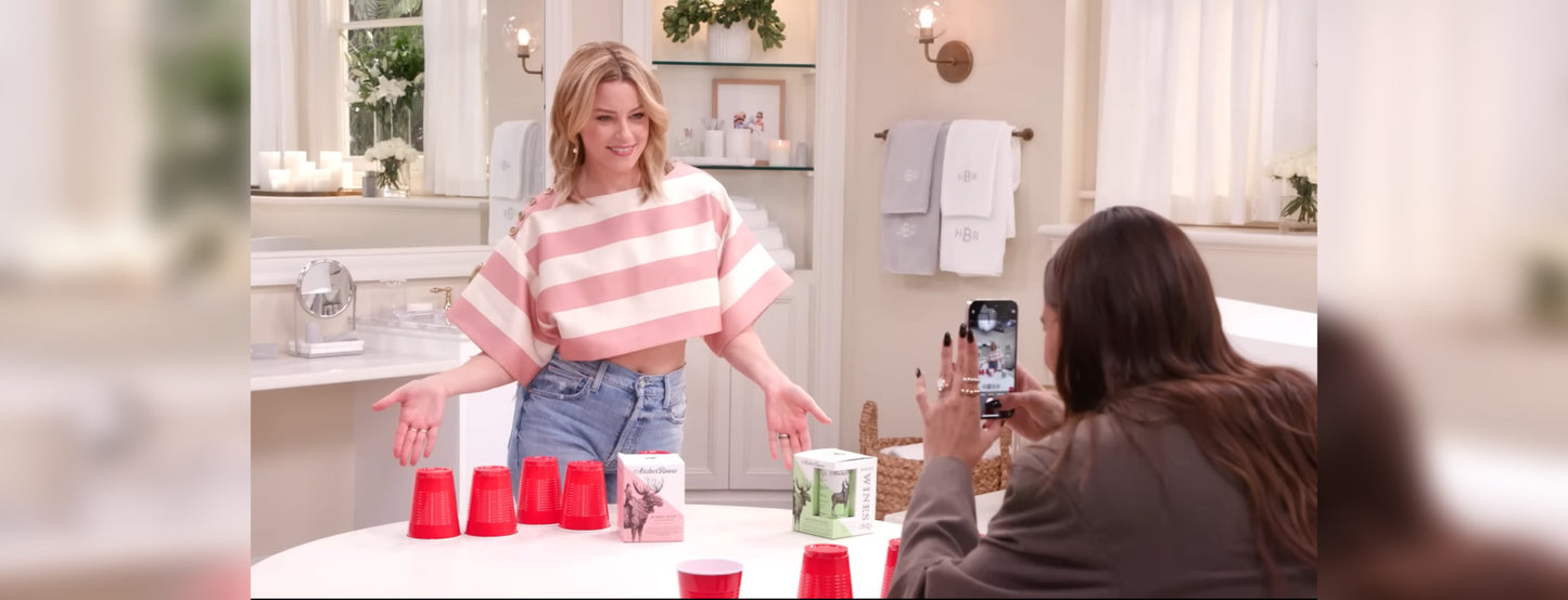 Elizabeth Banks, Chief Creative Officer of Archer Roose Wines Plays Flipcup with Hailey Bieber
