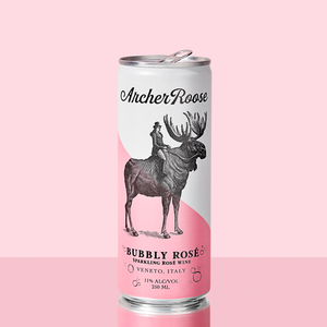 
                  
                    Archer Roose Bubbly Rose Wine in a Can on a reflective surface | Archer Roose Wines | Wine in a Can | Canned Wine | Luxury Wine. In Cans | Rose Sparkling Wine | Italy | Vino Frizzante Rosato
                  
                